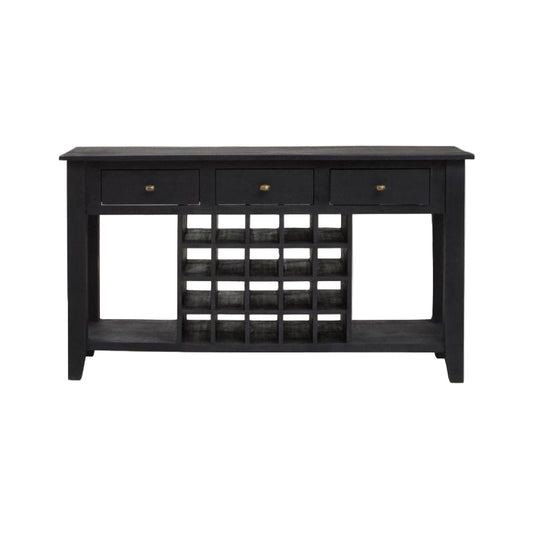 Black console table with wine rack on a white background