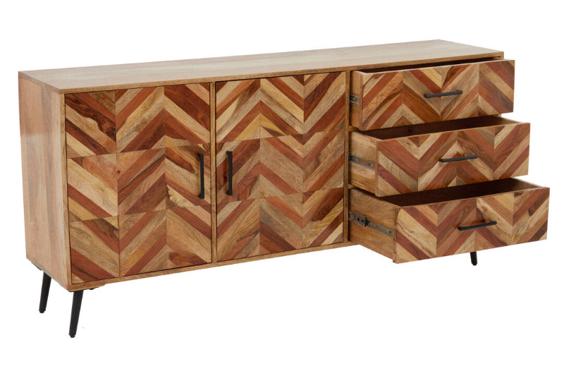 Wooden sideboard with chevron pattern and drawers on a white background