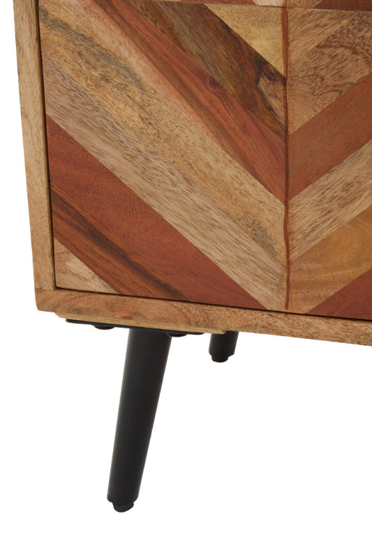 Wooden cabinet with chevron pattern and black legs on a white background