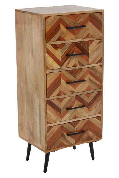 Wooden dresser with geometric pattern and black legs on a white background