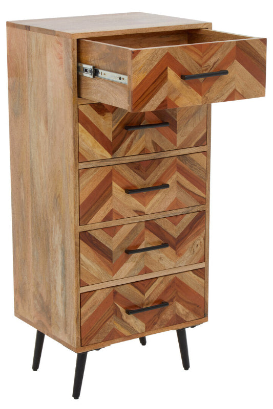 Wooden cabinet with chevron pattern and three drawers on a white background