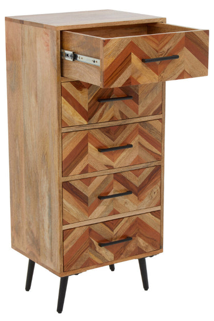Wooden cabinet with chevron pattern and three drawers on a white background