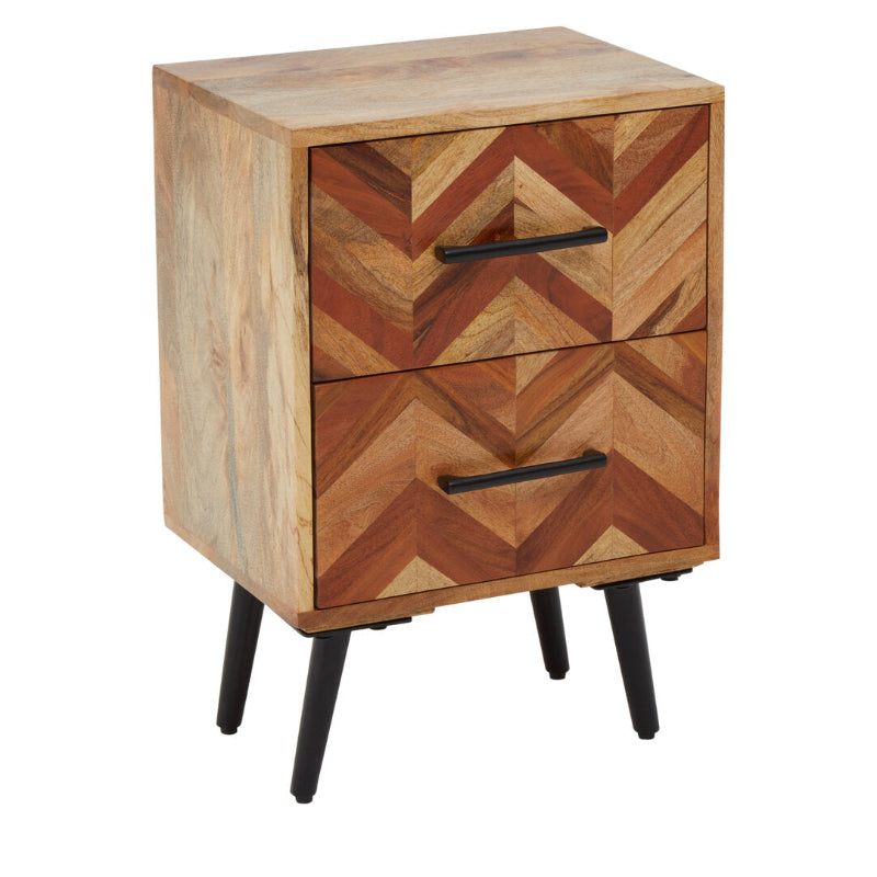 Wooden side table with geometric pattern and black legs on a white background