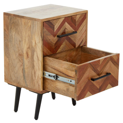 Wooden nightstand with chevron pattern and open drawer on a white background