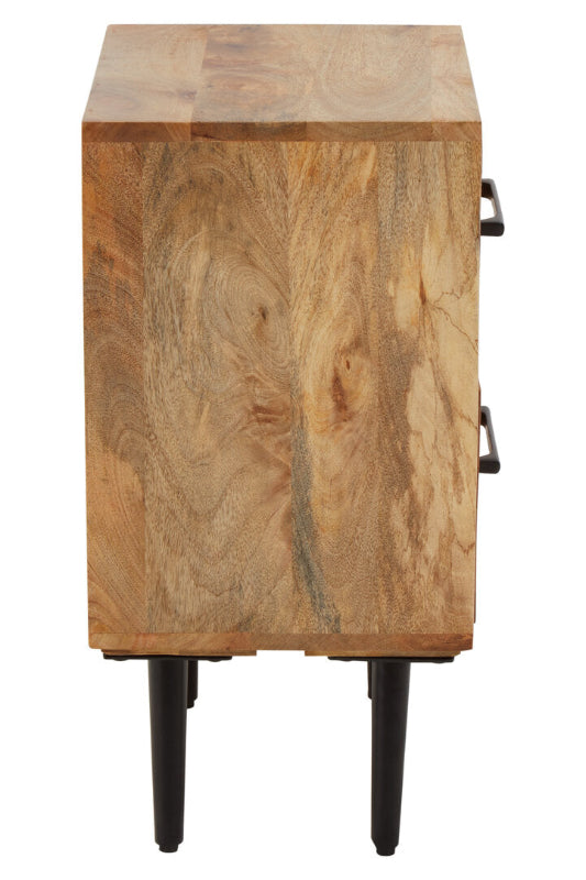 Wooden side table with black legs on a white background