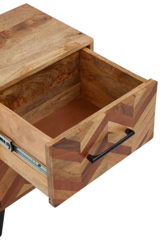 Wooden drawer with geometric pattern on a white background