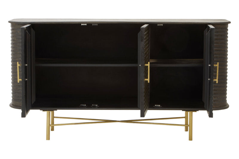 Black cabinet with gold accents on a white background