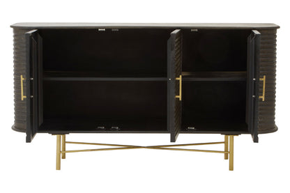 Black cabinet with gold accents on a white background
