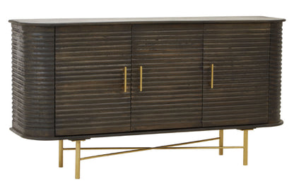 Wooden sideboard with gold accents on a white background
