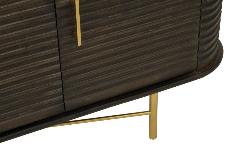 Dark wooden sideboard with gold accents on a white background