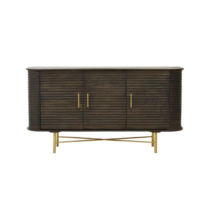 Wooden sideboard with gold accents on a white background