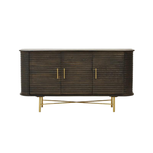 Wooden sideboard with gold accents on a white background