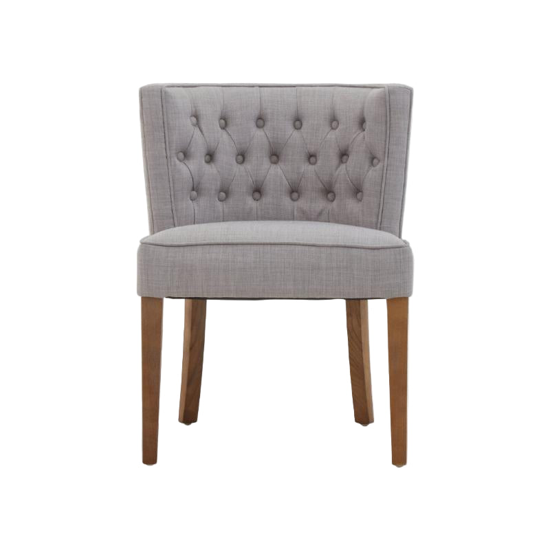 Grey upholstered chair with wooden legs on a white background