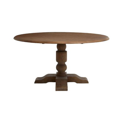 Wooden round table with a pedestal base on a white background