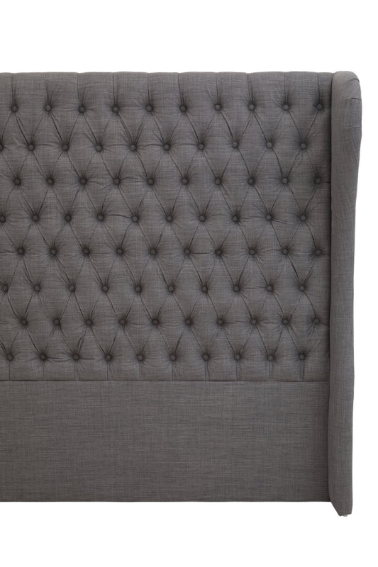 Gray tufted headboard on a white background