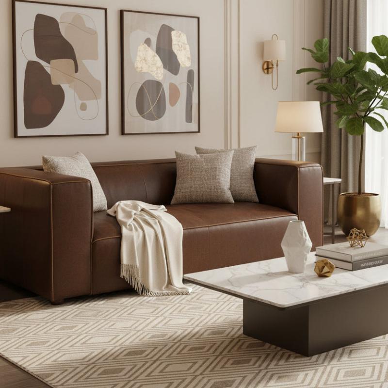 Modern living room with brown leather sofa, abstract art, and decorative items.