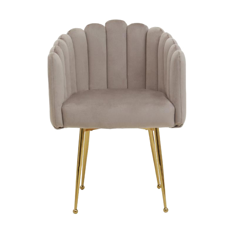 Beige velvet chair with gold legs on a white background