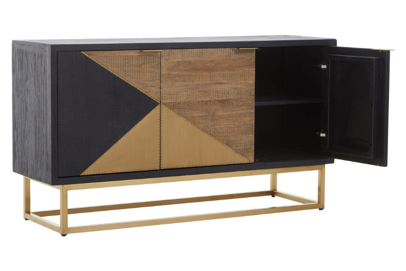 Cabinet with geometric design on doors and gold base on a white background