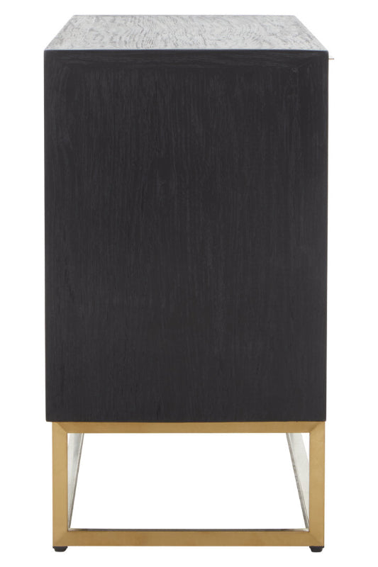 Black side table with gold legs on a white background