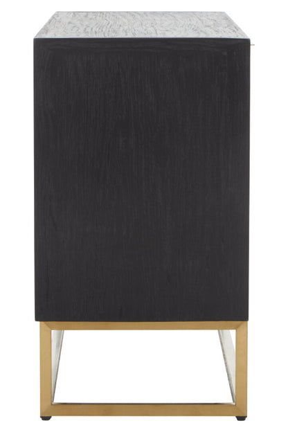 Black side table with gold legs on a white background