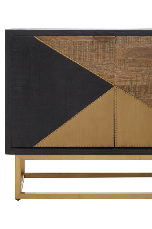 Cabinet with geometric design featuring black, brown, and gold colors on a white background