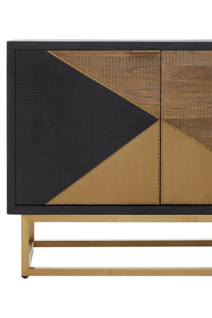 Cabinet with geometric design featuring black, brown, and gold colors on a white background