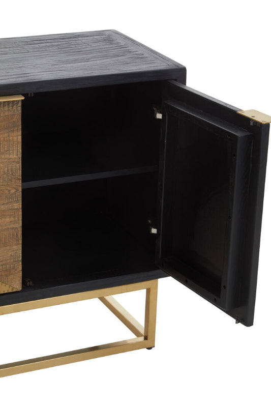 Black cabinet with open door revealing a black interior, gold legs on a white background