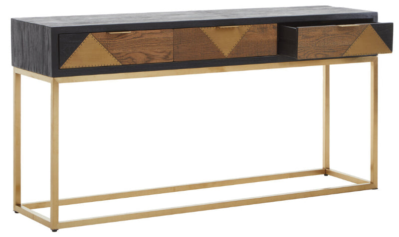 Console table with geometric design and gold legs on a white background