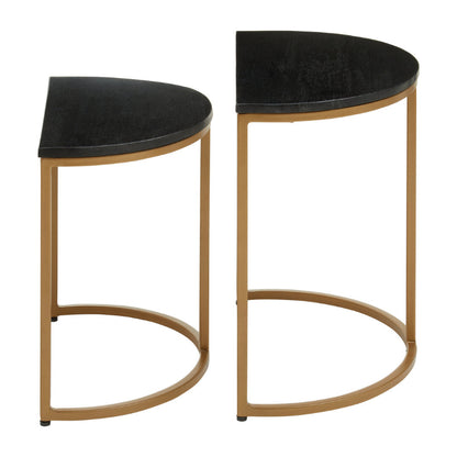 Two black marble top and gold metal frame stools on a white background