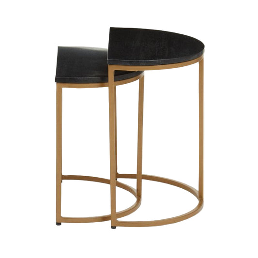 Pair of nest of tables gold metal frames  and black marble tops on a white background