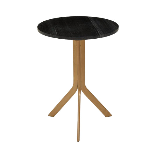 Small round table with black top and gold metal legs on a white background