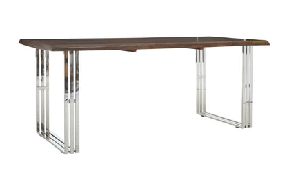 Dining table with wooden top and metal legs on a white background