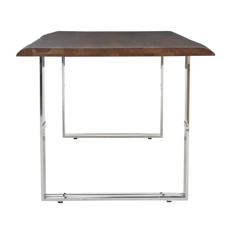 Dining table with wooden top and metal frame on a white background