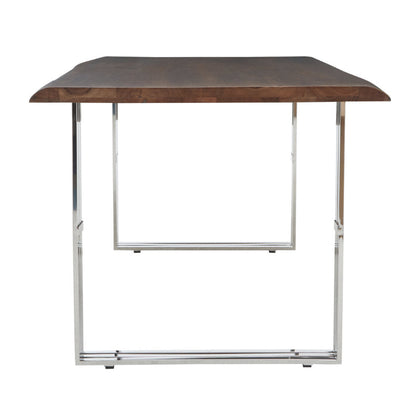 Dining table with wooden top and metal frame on a white background