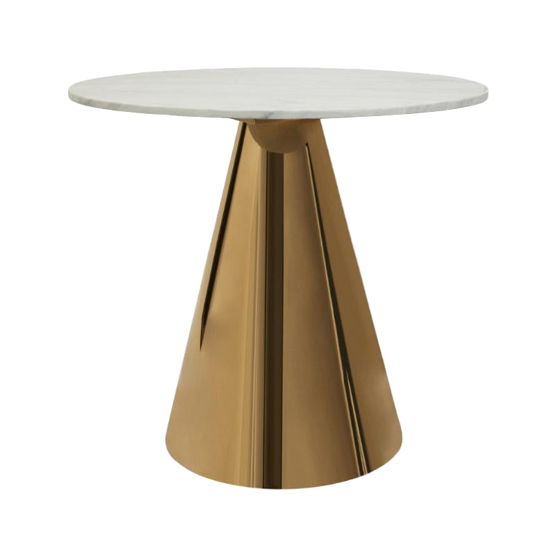 Round table with a white top and gold base on a white background