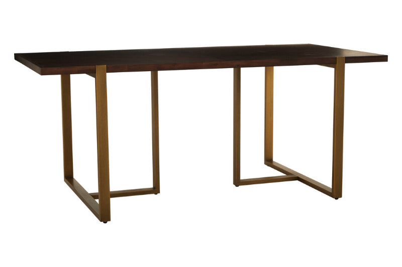 Wooden table with a dark brown top and brass legs on a white background