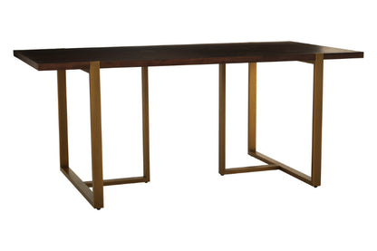 Wooden table with a dark brown top and brass legs on a white background