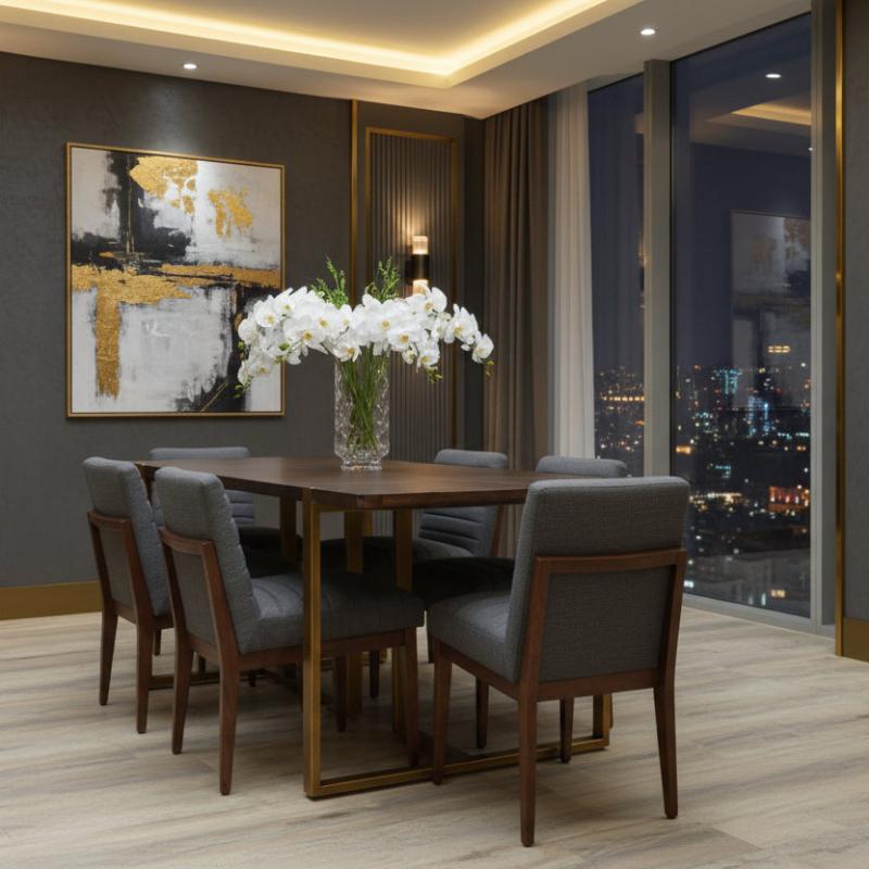 Dining room with wooden table and gray chairs, featuring a cityscape view through large windows.