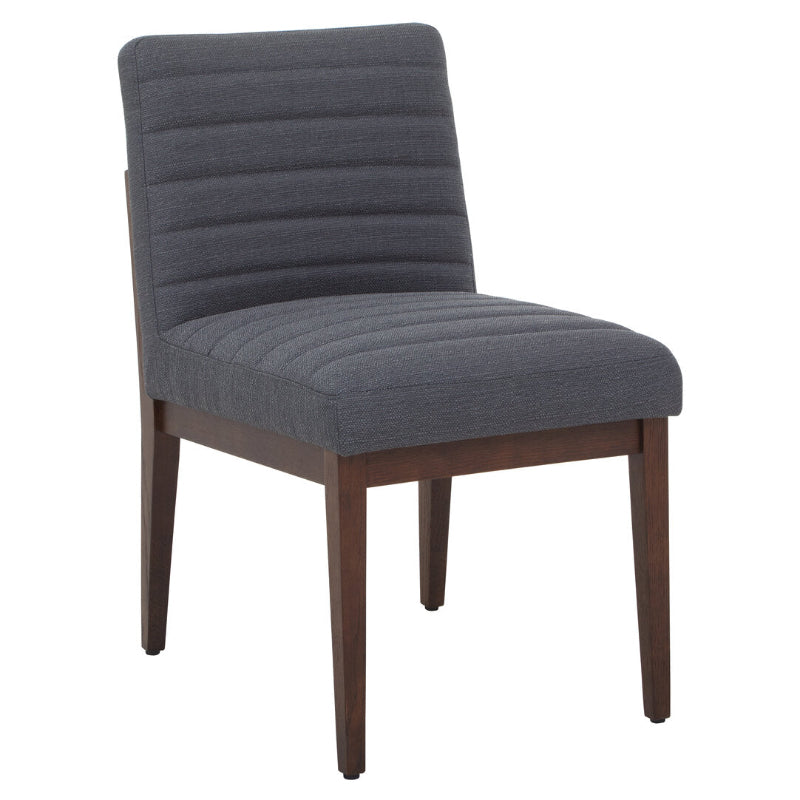 Grey upholstered chair with wooden legs on a white background