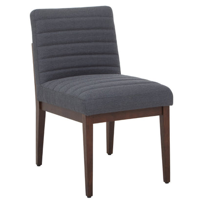 Grey upholstered chair with wooden legs on a white background