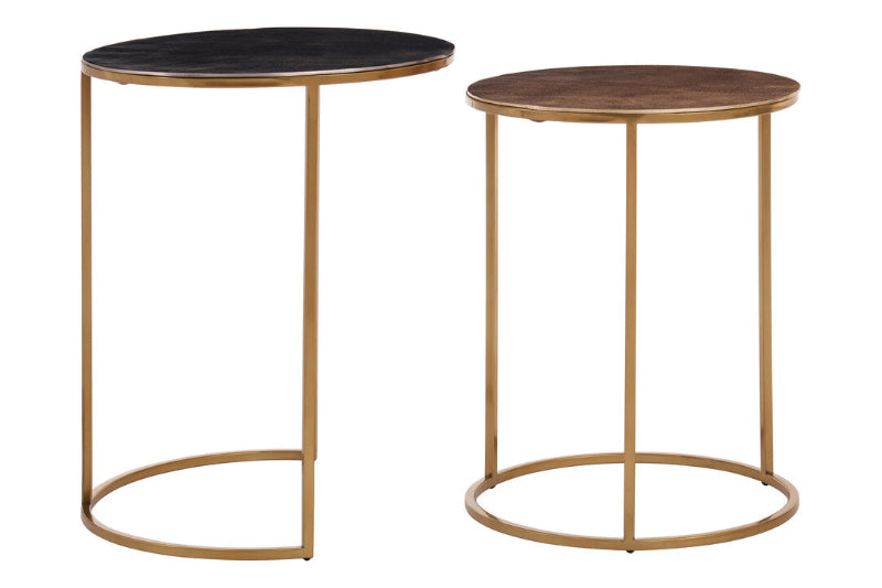Two round side tables with gold frames and black and brown tops on a white background