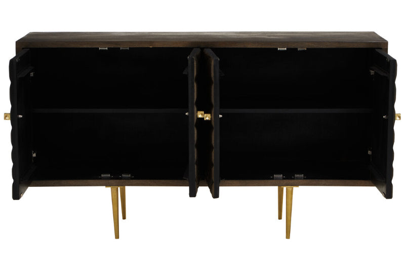 Brown cabinet with doors open and gold legs on a white background