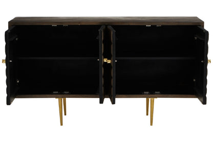 Brown cabinet with doors open and gold legs on a white background