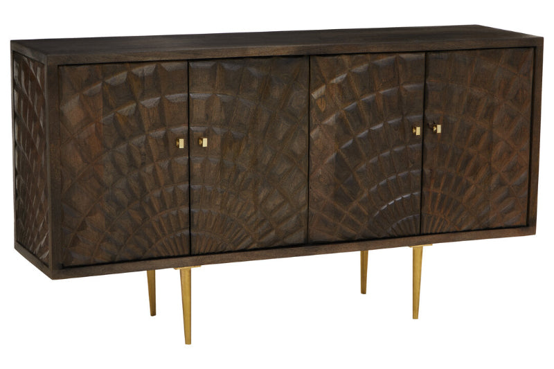 Dark wooden sideboard with textured design and gold legs on a white background