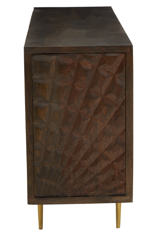 Wooden side of sideboard with geometric pattern on a white background