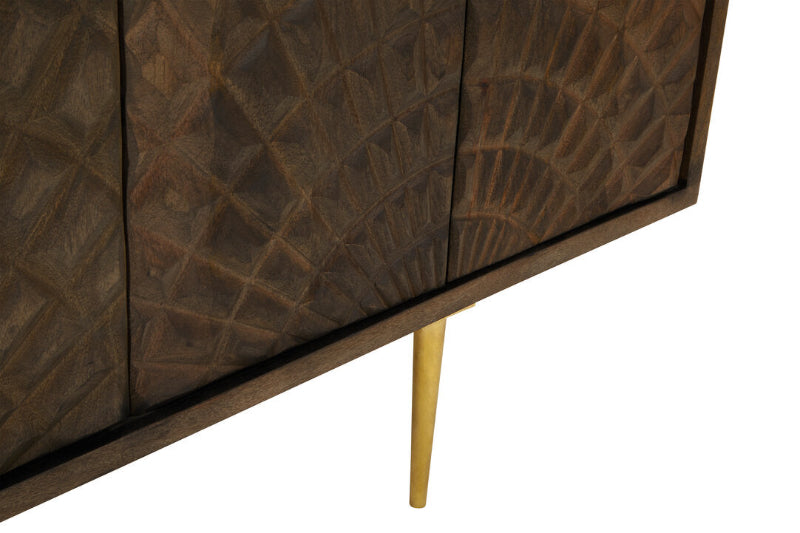 Wooden cabinet with geometric pattern and gold leg on a white background