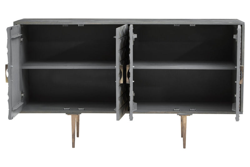 Gray sideboard with open doors on a white background