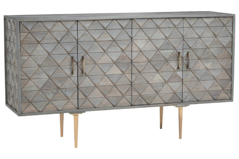 Decorative sideboard with geometric pattern and gold legs on a white background