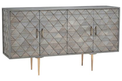 Decorative sideboard with geometric pattern and gold legs on a white background