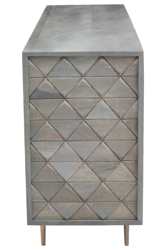 Wooden side table with geometric pattern on a white background